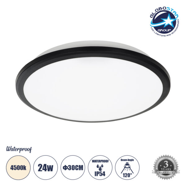 GloboStar® TUFFIN 60997 Πλαφονιέρα Οροφής LED 24W 2640lm 120° AC 220-240V Αδιάβροχη IP54 Φ30 x Υ6.5cm Φυσικό Λευκό 4500K - Μαύρο - Bridgelux Chips - 3 Years Warranty