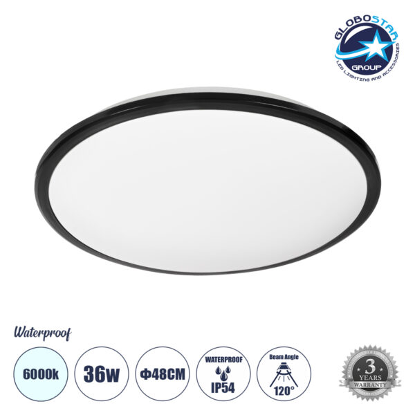 GloboStar® TUFFIN 60998 Πλαφονιέρα Οροφής LED 36W 4140lm 120° AC 220-240V Αδιάβροχη IP54 Φ48 x Υ6.5cm Ψυχρό Λευκό 6000K - Μαύρο - Bridgelux Chips - 3 Years Warranty