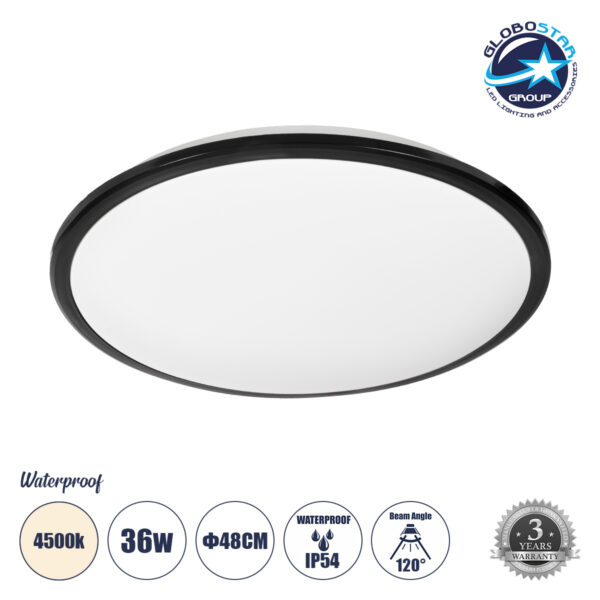 GloboStar® TUFFIN 60999 Πλαφονιέρα Οροφής LED 36W 3960lm 120° AC 220-240V Αδιάβροχη IP54 Φ48 x Υ6.5cm Φυσικό Λευκό 4500K - Μαύρο - Bridgelux Chips - 3 Years Warranty