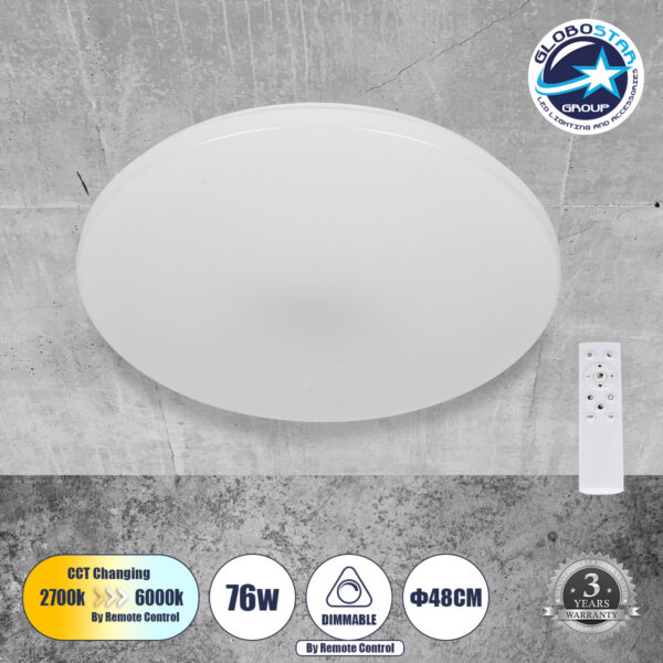 GloboStar® AVA 61017 Πλαφονιέρα Οροφής LED CCT 76W 8372lm 120° AC 220-240V - Εναλλαγή Φωτισμού μέσω Τηλεχειριστηρίου All In One Ψυχρό Λευκό 6000k+Φυσικό Λευκό 4500k+Θερμό Λευκό 2700k Dimmable Φ48cm - Λευκό - 3 Years Warranty