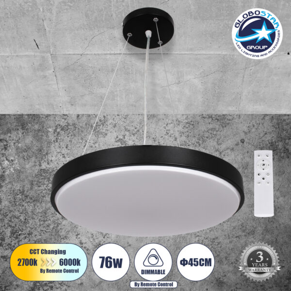 GloboStar® CASPER 61019 Κρεμαστή Πλαφονιέρα Οροφής LED CCT 76W 8372lm 120° AC 220-240V - Εναλλαγή Φωτισμού μέσω Τηλεχειριστηρίου All In One Ψυχρό Λευκό 6000k+Φυσικό Λευκό 4500k+Θερμό Λευκό 2700k Dimmable Φ45cm - Μαύρο - 3 Years Warranty