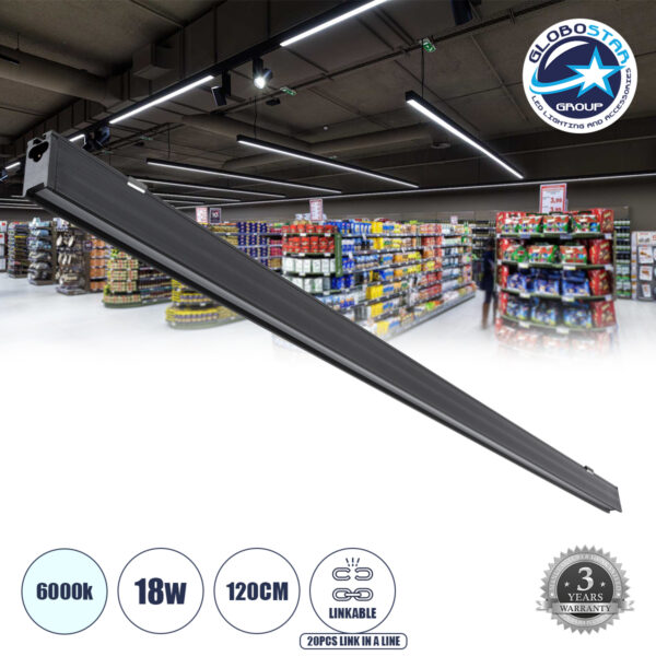 GloboStar® MARKET 61020-S Γραμμικό Φωτιστικό Οροφής Linear LED 18W 2230lm 60° AC 220-240V Μ120 x Π2 x Υ4cm Ψυχρό Λευκό 6000K - Μαύρο - 3 Years Warranty