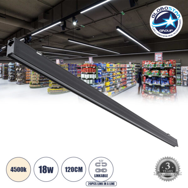 GloboStar® MARKET 61021-S Γραμμικό Φωτιστικό Οροφής Linear LED 18W 2200lm 60° AC 220-240V Μ120 x Π2 x Υ4cm Φυσικό Λευκό 4500K - Μαύρο - 3 Years Warranty