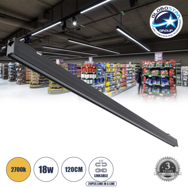 GloboStar® MARKET 61022-S Γραμμικό Φωτιστικό Οροφής Linear LED 18W 2170lm 60° AC 220-240V Μ120 x Π2 x Υ4cm Θερμό Λευκό 2700K - Μαύρο - 3 Years Warranty