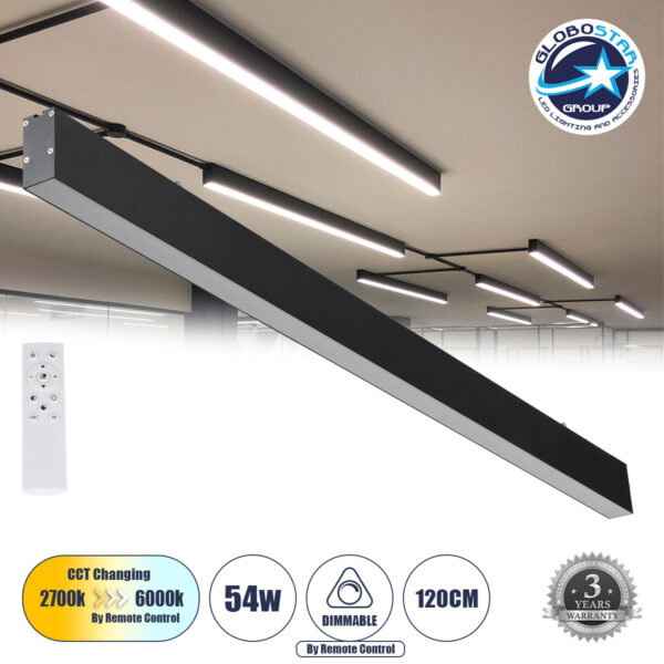 GloboStar® FELIX 61028-S Γραμμικό Φωτιστικό Οροφής Linear LED CCT 54W 6500lm 120° AC 220-240V Μ120 x Π3.5 x Υ7cm - Εναλλαγή Φωτισμού μέσω Τηλεχειριστηρίου All In One Ψυχρό 6000k+Φυσικό 4500k+Θερμό 2700k Dimmable - Μαύρο - 3 Years Warranty