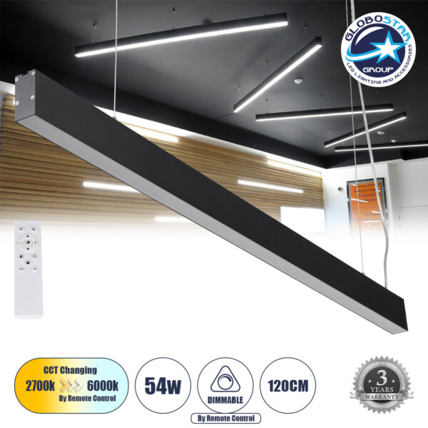 GloboStar® FELIX 61028-P Γραμμικό Κρεμαστό Φωτιστικό Linear LED CCT 54W 6500lm 120° AC 220-240V Μ120 x Π3.5 x Υ7cm - Εναλλαγή Φωτισμού μέσω Τηλεχειριστηρίου All In One Ψυχρό 6000k+Φυσικό 4500k+Θερμό 2700k Dimmable - Μαύρο - 3 Years Warranty