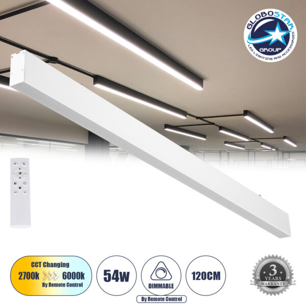 GloboStar® FELIX 61029-S Γραμμικό Φωτιστικό Οροφής Linear LED CCT 54W 6500lm 120° AC 220-240V Μ120 x Π3.5 x Υ7cm - Εναλλαγή Φωτισμού μέσω Τηλεχειριστηρίου All In One Ψυχρό 6000k+Φυσικό 4500k+Θερμό 2700k Dimmable - Λευκό - 3 Years Warranty