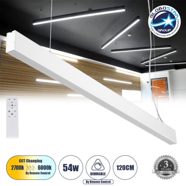 GloboStar® FELIX 61029-P Γραμμικό Κρεμαστό Φωτιστικό Linear LED CCT 54W 6500lm 120° AC 220-240V Μ120 x Π3.5 x Υ7cm - Εναλλαγή Φωτισμού μέσω Τηλεχειριστηρίου All In One Ψυχρό 6000k+Φυσικό 4500k+Θερμό 2700k Dimmable - Λευκό - 3 Years Warranty