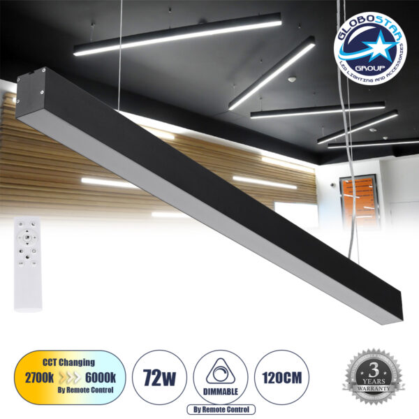 GloboStar® ORION 61030-P Γραμμικό Κρεμαστό Φωτιστικό Linear LED CCT 72W 8600lm 120° AC 220-240V Μ120 x Π5.5 x Υ7cm - Εναλλαγή Φωτισμού μέσω Τηλεχειριστηρίου All In One Ψυχρό 6000k+Φυσικό 4500k+Θερμό 2700k Dimmable - Μαύρο - 3 Years Warranty