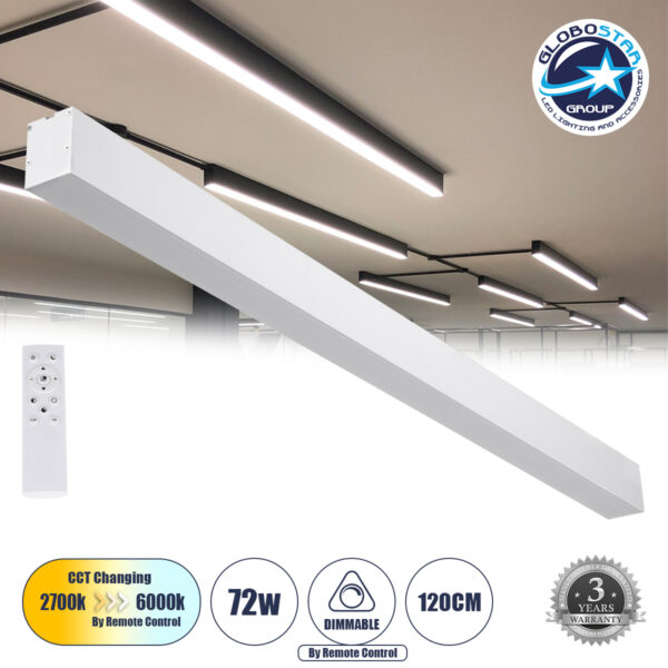 GloboStar® ORION 61031-S Γραμμικό Φωτιστικό Οροφής Linear LED CCT 72W 8600lm 120° AC 220-240V Μ120 x Π5.5 x Υ7cm - Εναλλαγή Φωτισμού μέσω Τηλεχειριστηρίου All In One Ψυχρό 6000k+Φυσικό 4500k+Θερμό 2700k Dimmable - Λευκό - 3 Years Warranty