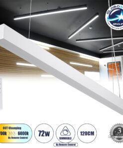 GloboStar® ORION 61031-P Γραμμικό Κρεμαστό Φωτιστικό Linear LED CCT 72W 8600lm 120° AC 220-240V Μ120 x Π5.5 x Υ7cm – Εναλλαγή Φωτισμού μέσω Τηλεχειριστηρίου All In One Ψυχρό 6000k+Φυσικό 4500k+Θερμό 2700k Dimmable – Λευκό – 3 Years Warranty