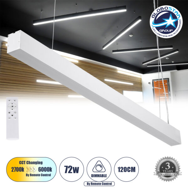 GloboStar® ORION 61031-P Γραμμικό Κρεμαστό Φωτιστικό Linear LED CCT 72W 8600lm 120° AC 220-240V Μ120 x Π5.5 x Υ7cm - Εναλλαγή Φωτισμού μέσω Τηλεχειριστηρίου All In One Ψυχρό 6000k+Φυσικό 4500k+Θερμό 2700k Dimmable - Λευκό - 3 Years Warranty