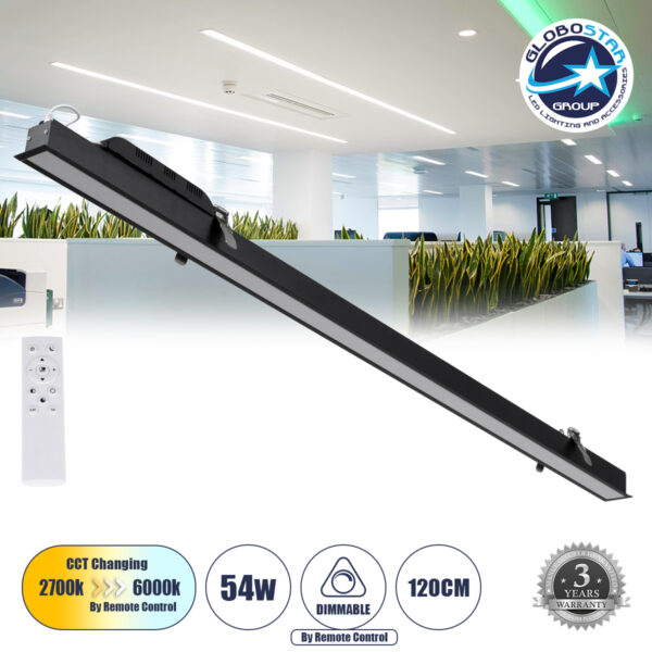 GloboStar® LUCA 61032 Γραμμικό Χωνευτό Φωτιστικό Linear LED CCT 54W 6500lm 120° AC 220-240V Μ121.5 x Π5 x Υ4cm - Εναλλαγή Φωτισμού μέσω Τηλεχειριστηρίου All In One Ψυχρό 6000k+Φυσικό 4500k+Θερμό 2700k Dimmable - Μαύρο - 3 Years Warranty