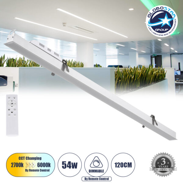 GloboStar® LUCA 61033 Γραμμικό Χωνευτό Φωτιστικό Linear LED CCT 54W 6500lm 120° AC 220-240V Μ121.5 x Π5 x Υ4cm - Εναλλαγή Φωτισμού μέσω Τηλεχειριστηρίου All In One Ψυχρό 6000k+Φυσικό 4500k+Θερμό 2700k Dimmable - Λευκό - 3 Years Warranty