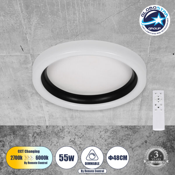 GloboStar® ARIANA 61034 Πλαφονιέρα Οροφής Κύκλος LED CCT 55W 6376lm 120° AC 220-240V - Εναλλαγή Φωτισμού μέσω Τηλεχειριστηρίου All In One Ψυχρό Λευκό 6000k+Φυσικό Λευκό 4500k+Θερμό Λευκό 2700k Dimmable Φ48cm - Μαύρο - 3 Years Warranty