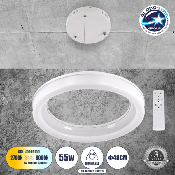 GloboStar® ARIANA 61038 Κρεμαστή Πλαφονιέρα Οροφής Κύκλος LED CCT 55W 6376lm 120° AC 220-240V - Εναλλαγή Φωτισμού μέσω Τηλεχειριστηρίου All In One Ψυχρό Λευκό 6000k+Φυσικό Λευκό 4500k+Θερμό Λευκό 2700k Dimmable Φ48cm - Λευκό - 3 Years Warranty