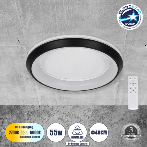 GloboStar® MELINA 61040 Πλαφονιέρα Οροφής Κύκλος LED CCT 55W 6376lm 120° AC 220-240V - Εναλλαγή Φωτισμού μέσω Τηλεχειριστηρίου All In One Ψυχρό Λευκό 6000k+Φυσικό Λευκό 4500k+Θερμό Λευκό 2700k Dimmable Φ48cm - Μαύρο - 3 Years Warranty