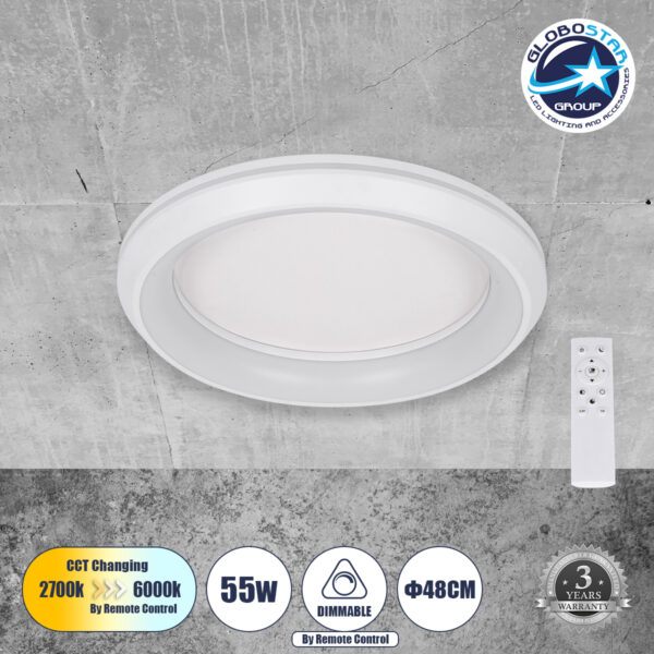 GloboStar® MELINA 61041 Πλαφονιέρα Οροφής Κύκλος LED CCT 55W 6376lm 120° AC 220-240V - Εναλλαγή Φωτισμού μέσω Τηλεχειριστηρίου All In One Ψυχρό Λευκό 6000k+Φυσικό Λευκό 4500k+Θερμό Λευκό 2700k Dimmable Φ48cm - Λευκό - 3 Years Warranty