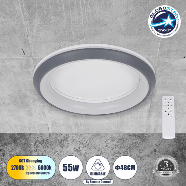 GloboStar® MELINA 61042 Πλαφονιέρα Οροφής Κύκλος LED CCT 55W 6376lm 120° AC 220-240V - Εναλλαγή Φωτισμού μέσω Τηλεχειριστηρίου All In One Ψυχρό Λευκό 6000k+Φυσικό Λευκό 4500k+Θερμό Λευκό 2700k Dimmable Φ48cm - Ανθρακί - 3 Years Warranty