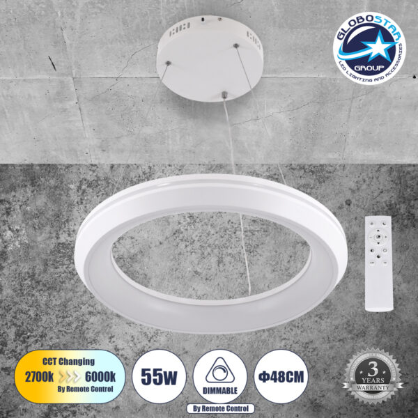 GloboStar® MELINA 61044 Κρεμαστή Πλαφονιέρα Οροφής Κύκλος LED CCT 55W 6376lm 120° AC 220-240V - Εναλλαγή Φωτισμού μέσω Τηλεχειριστηρίου All In One Ψυχρό Λευκό 6000k+Φυσικό Λευκό 4500k+Θερμό Λευκό 2700k Dimmable Φ48cm - Λευκό - 3 Years Warranty