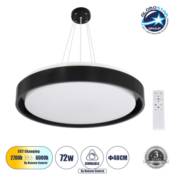 GloboStar® BARCHETTA 61046-P Κρεμαστή Πλαφονιέρα Οροφής LED CCT 72W 8306lm 120° AC 220-240V - Εναλλαγή Φωτισμού μέσω Τηλεχειριστηρίου All In One Ψυχρό 6000k+Φυσικό 4500k+Θερμό 2700k Dimmable Φ48cm - Μαύρο - 3 Years Warranty