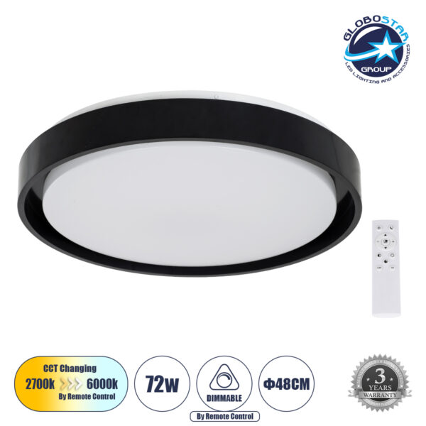 GloboStar® BARCHETTA 61046-S Πλαφονιέρα Οροφής LED CCT 72W 8306lm 120° AC 220-240V - Εναλλαγή Φωτισμού μέσω Τηλεχειριστηρίου All In One Ψυχρό 6000k+Φυσικό 4500k+Θερμό 2700k Dimmable Φ48cm - Μαύρο - 3 Years Warranty