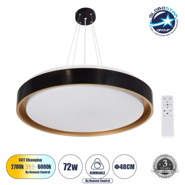 GloboStar® BARCHETTA 61047-P Κρεμαστή Πλαφονιέρα Οροφής LED CCT 72W 8306lm 120° AC 220-240V - Εναλλαγή Φωτισμού μέσω Τηλεχειριστηρίου All In One Ψυχρό 6000k+Φυσικό 4500k+Θερμό 2700k Dimmable Φ48cm - Μαύρο με Χρυσό - 3 Years Warranty