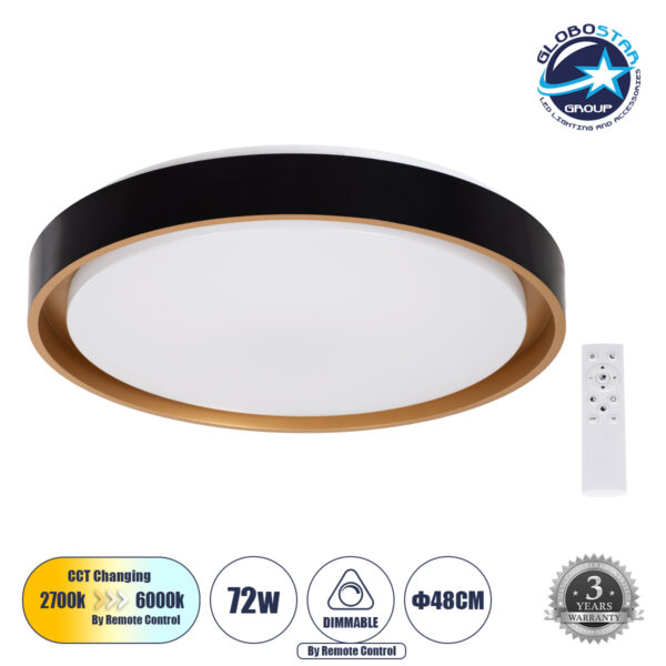 GloboStar® BARCHETTA 61047-S Πλαφονιέρα Οροφής LED CCT 72W 8306lm 120° AC 220-240V - Εναλλαγή Φωτισμού μέσω Τηλεχειριστηρίου All In One Ψυχρό 6000k+Φυσικό 4500k+Θερμό 2700k Dimmable Φ48cm - Μαύρο με Χρυσό - 3 Years Warranty