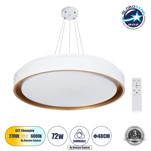 GloboStar® BARCHETTA 61048-P Κρεμαστή Πλαφονιέρα Οροφής LED CCT 72W 8306lm 120° AC 220-240V - Εναλλαγή Φωτισμού μέσω Τηλεχειριστηρίου All In One Ψυχρό 6000k+Φυσικό 4500k+Θερμό 2700k Dimmable Φ48cm - Λευκό με Χρυσό - 3 Years Warranty