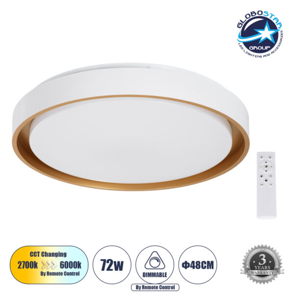 GloboStar® BARCHETTA 61048-S Πλαφονιέρα Οροφής LED CCT 72W 8306lm 120° AC 220-240V - Εναλλαγή Φωτισμού μέσω Τηλεχειριστηρίου All In One Ψυχρό 6000k+Φυσικό 4500k+Θερμό 2700k Dimmable Φ48cm - Λευκό με Χρυσό - 3 Years Warranty