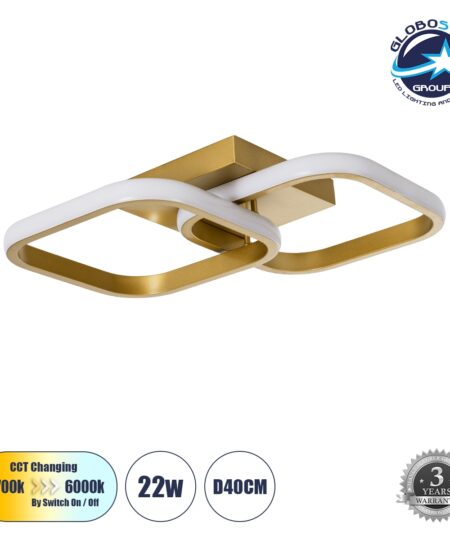 GloboStar® NORA 61063 Φωτιστικό Οροφής Design LED CCT 22W 2640lm 300° AC 220-240V – Εναλλαγή Φωτισμού μέσω Διακόπτη On/Off All In One Ψυχρό 6000k+Φυσικό 4500k+Θερμό 2700k Μ40 x Π24 x Υ7cm – Χρυσό Βούρτσας