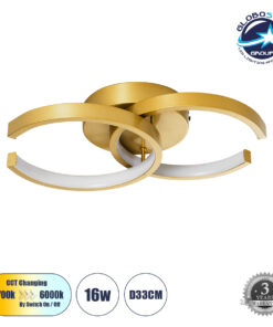 GloboStar® EVA 61069 Φωτιστικό Οροφής Design LED CCT 16W 1920lm 300° AC 220-240V – Εναλλαγή Φωτισμού μέσω Διακόπτη On/Off All In One Ψυχρό 6000k+Φυσικό 4500k+Θερμό 2700k Μ33 x Π21 x Υ7cm – Χρυσό Βούρτσας