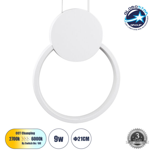 GloboStar® CYCLOS 61074 Κρεμαστό Φωτιστικό Οροφής Design LED CCT 9W 1080lm 300° AC 220-240V - Εναλλαγή Φωτισμού μέσω Διακόπτη On/Off All In One Ψυχρό 6000k+Φυσικό 4500k+Θερμό 2700k Μ21 x Π2.3 x Υ26.5cm - Λευκό