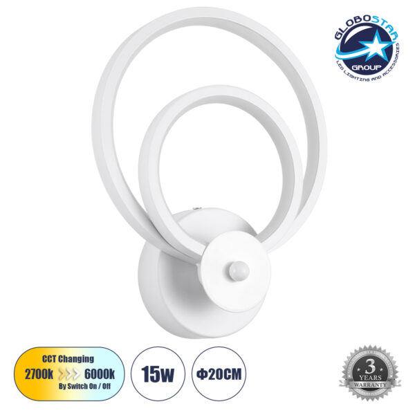 GloboStar® FREDDIE 61077 Φωτιστικό Τοίχου - Απλίκα Design LED CCT 15W 1800lm 300° AC 220-240V - Εναλλαγή Φωτισμού μέσω Διακόπτη On/Off All In One Ψυχρό 6000k+Φυσικό 4500k+Θερμό 2700k Μ20 x Π7.5 x Υ25cm - Λευκό