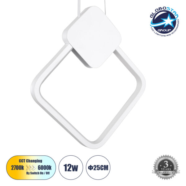 GloboStar® MARY 61083 Κρεμαστό Φωτιστικό Οροφής Design LED CCT 12W 1440lm 300° AC 220-240V - Εναλλαγή Φωτισμού μέσω Διακόπτη On/Off All In One Ψυχρό 6000k+Φυσικό 4500k+Θερμό 2700k Μ20 x Π2.3 x Υ28.5cm - Λευκό