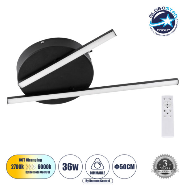 GloboStar® DRACO 61091 Φωτιστικό Οροφής Γραμμικό Linear Design LED CCT 36W 4428lm 120° AC 220-240V - Εναλλαγή Φωτισμού μέσω Τηλεχειριστηρίου All In One Ψυχρό 6000k+Φυσικό 4500k+Θερμό 2700k Dimmable Φ50 x Υ6cm - Μαύρο - 3 Years Warranty