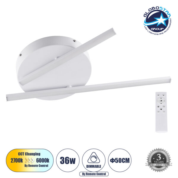 GloboStar® DRACO 61092 Φωτιστικό Οροφής Γραμμικό Linear Design LED CCT 36W 4428lm 120° AC 220-240V - Εναλλαγή Φωτισμού μέσω Τηλεχειριστηρίου All In One Ψυχρό 6000k+Φυσικό 4500k+Θερμό 2700k Dimmable Φ50 x Υ6cm - Λευκό - 3 Years Warranty