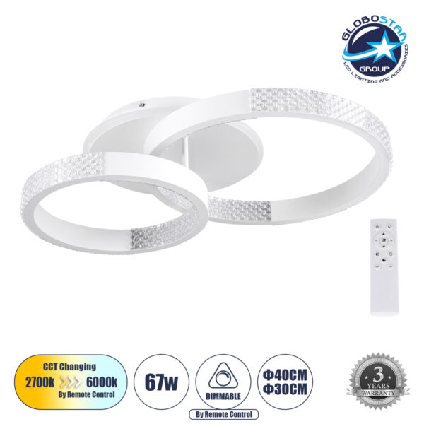 GloboStar® DIAMOND 61112 Φωτιστικό Οροφής Δαχτυλίδι-Κύκλος LED CCT 67W 8078lm 360° AC 220-240V - Εναλλαγή Φωτισμού μέσω Τηλεχειριστηρίου All In One Ψυχρό 6000k+Φυσικό 4500k+Θερμό 2700k Dimmable Φ30+40cm+BackLight - Λευκό - 3 Years Warranty