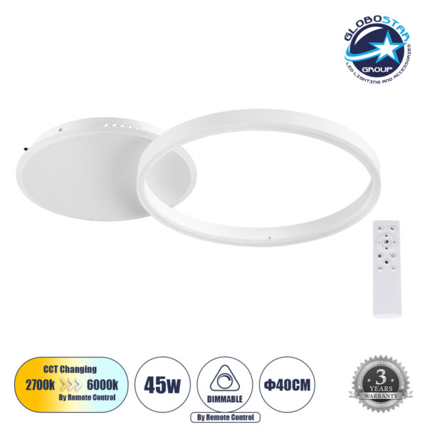 GloboStar® VENOM 61118 Φωτιστικό Οροφής Δαχτυλίδι-Κύκλος LED CCT 45W 5445lm 360° AC 220-240V - Εναλλαγή Φωτισμού μέσω Τηλεχειριστηρίου All In One Ψυχρό 6000k+Φυσικό 4500k+Θερμό 2700k Dimmable Φ40cm+BackLight - Λευκό - 3 Years Warranty