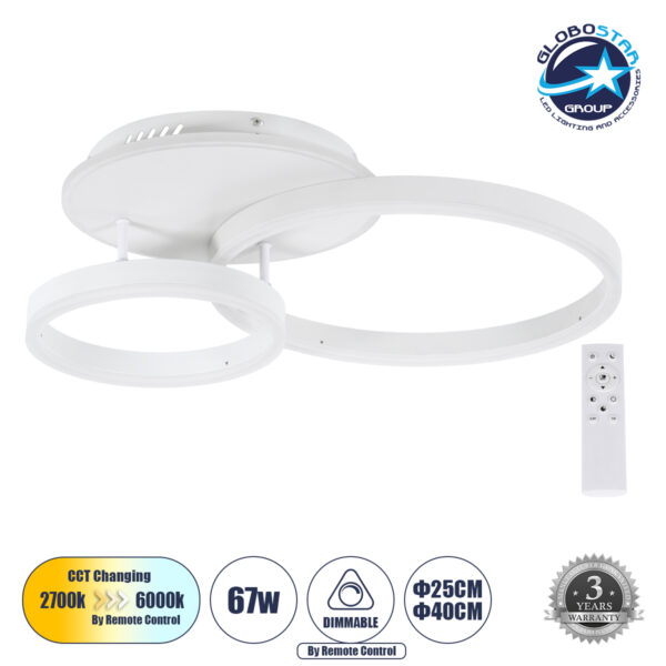 GloboStar® VENOM 61121 Φωτιστικό Οροφής Δαχτυλίδι-Κύκλος LED CCT 67W 8107lm 360° AC 220-240V - Εναλλαγή Φωτισμού μέσω Τηλεχειριστηρίου All In One Ψυχρό 6000k+Φυσικό 4500k+Θερμό 2700k Dimmable Φ25+40cm+BackLight - Λευκό - 3 Years Warranty