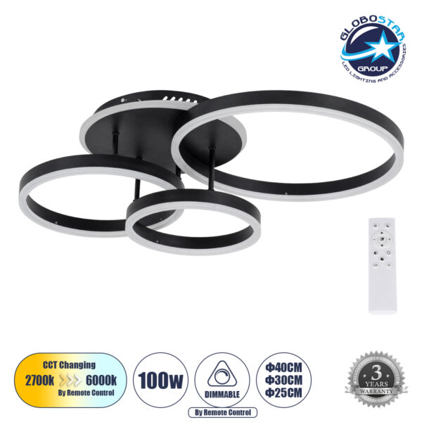GloboStar® VENOM 61123 Φωτιστικό Οροφής Δαχτυλίδι-Κύκλος LED CCT 100W 12100lm 360° AC 220-240V – Εναλλαγή Φωτισμού μέσω Τηλεχειριστηρίου All In One Ψυχρό 6000k+Φυσικό 4500k+Θερμό 2700k Dimmable Φ25+30+40cm+BackLight – Μαύρο – 3 Years Warranty
