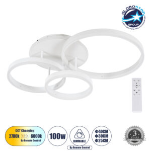GloboStar® VENOM 61124 Φωτιστικό Οροφής Δαχτυλίδι-Κύκλος LED CCT 100W 12100lm 360° AC 220-240V – Εναλλαγή Φωτισμού μέσω Τηλεχειριστηρίου All In One Ψυχρό 6000k+Φυσικό 4500k+Θερμό 2700k Dimmable Φ25+30+40cm+BackLight – Λευκό – 3 Years Warranty