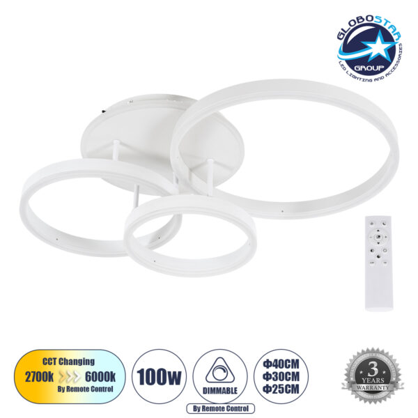 GloboStar® VENOM 61124 Φωτιστικό Οροφής Δαχτυλίδι-Κύκλος LED CCT 100W 12100lm 360° AC 220-240V – Εναλλαγή Φωτισμού μέσω Τηλεχειριστηρίου All In One Ψυχρό 6000k+Φυσικό 4500k+Θερμό 2700k Dimmable Φ25+30+40cm+BackLight – Λευκό – 3 Years Warranty