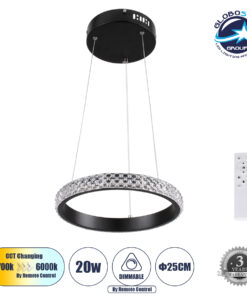 GloboStar® DIAMOND 61126 Κρεμαστό Φωτιστικό Δαχτυλίδι-Κύκλος LED CCT 20W 2356lm 360° AC 220-240V – Εναλλαγή Φωτισμού μέσω Τηλεχειριστηρίου All In One Ψυχρό 6000k+Φυσικό 4500k+Θερμό 2700k Dimmable Φ25cm – Μαύρο – 3 Years Warranty