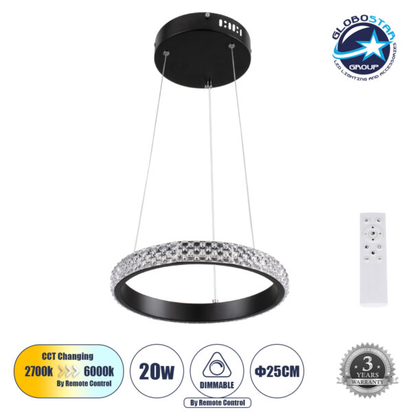 GloboStar® DIAMOND 61126 Κρεμαστό Φωτιστικό Δαχτυλίδι-Κύκλος LED CCT 20W 2356lm 360° AC 220-240V - Εναλλαγή Φωτισμού μέσω Τηλεχειριστηρίου All In One Ψυχρό 6000k+Φυσικό 4500k+Θερμό 2700k Dimmable Φ25cm - Μαύρο - 3 Years Warranty