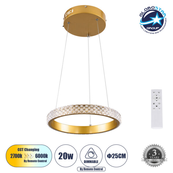 GloboStar® DIAMOND 61127 Κρεμαστό Φωτιστικό Δαχτυλίδι-Κύκλος LED CCT 20W 2356lm 360° AC 220-240V - Εναλλαγή Φωτισμού μέσω Τηλεχειριστηρίου All In One Ψυχρό 6000k+Φυσικό 4500k+Θερμό 2700k Dimmable Φ25cm - Χρυσό Βούρτσας - 3 Years Warranty