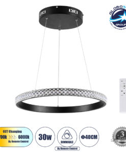 GloboStar® DIAMOND 61128 Κρεμαστό Φωτιστικό Δαχτυλίδι-Κύκλος LED CCT 30W 3513lm 360° AC 220-240V – Εναλλαγή Φωτισμού μέσω Τηλεχειριστηρίου All In One Ψυχρό 6000k+Φυσικό 4500k+Θερμό 2700k Dimmable Φ40cm – Μαύρο – 3 Years Warranty