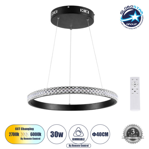 GloboStar® DIAMOND 61128 Κρεμαστό Φωτιστικό Δαχτυλίδι-Κύκλος LED CCT 30W 3513lm 360° AC 220-240V - Εναλλαγή Φωτισμού μέσω Τηλεχειριστηρίου All In One Ψυχρό 6000k+Φυσικό 4500k+Θερμό 2700k Dimmable Φ40cm - Μαύρο - 3 Years Warranty