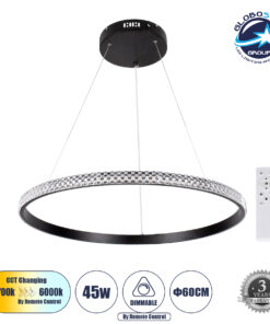 GloboStar® DIAMOND 61130 Κρεμαστό Φωτιστικό Δαχτυλίδι-Κύκλος LED CCT 45W 5230lm 360° AC 220-240V – Εναλλαγή Φωτισμού μέσω Τηλεχειριστηρίου All In One Ψυχρό 6000k+Φυσικό 4500k+Θερμό 2700k Dimmable Φ60cm – Μαύρο – 3 Years Warranty
