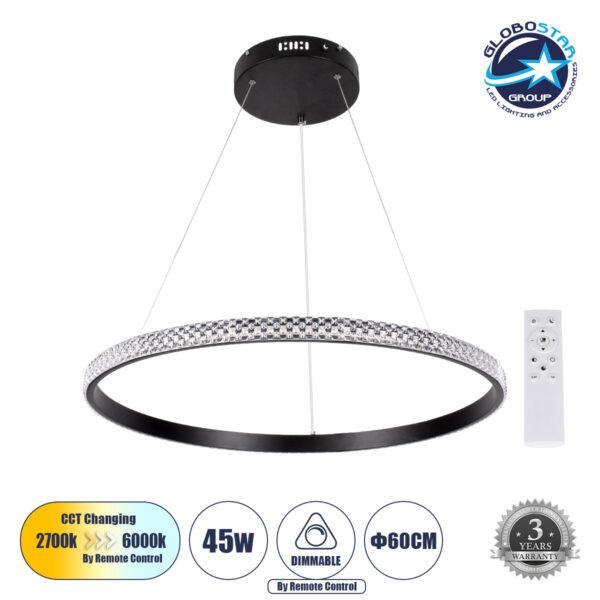 GloboStar® DIAMOND 61130 Κρεμαστό Φωτιστικό Δαχτυλίδι-Κύκλος LED CCT 45W 5230lm 360° AC 220-240V - Εναλλαγή Φωτισμού μέσω Τηλεχειριστηρίου All In One Ψυχρό 6000k+Φυσικό 4500k+Θερμό 2700k Dimmable Φ60cm - Μαύρο - 3 Years Warranty